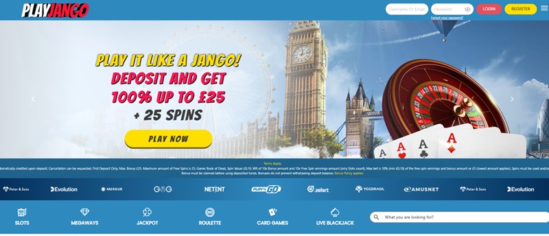 PlayJango homepage showing the wordmark, provider strip and games categories