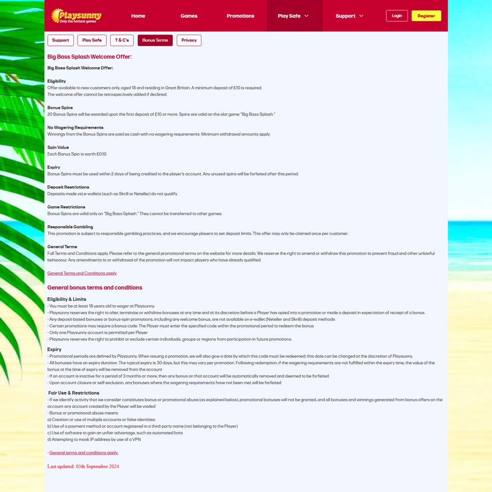 PlaySunny bonus terms page showing 20 wager-free welcome spins with two day expiry