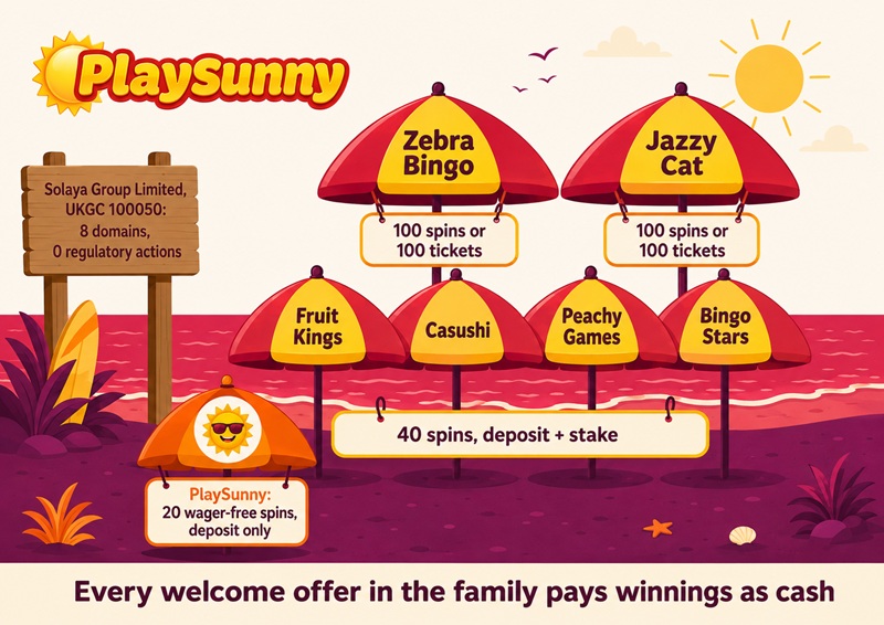 Beach diagram of seven parasols showing the Solaya family's three welcome offer sizes with PlaySunny's smallest