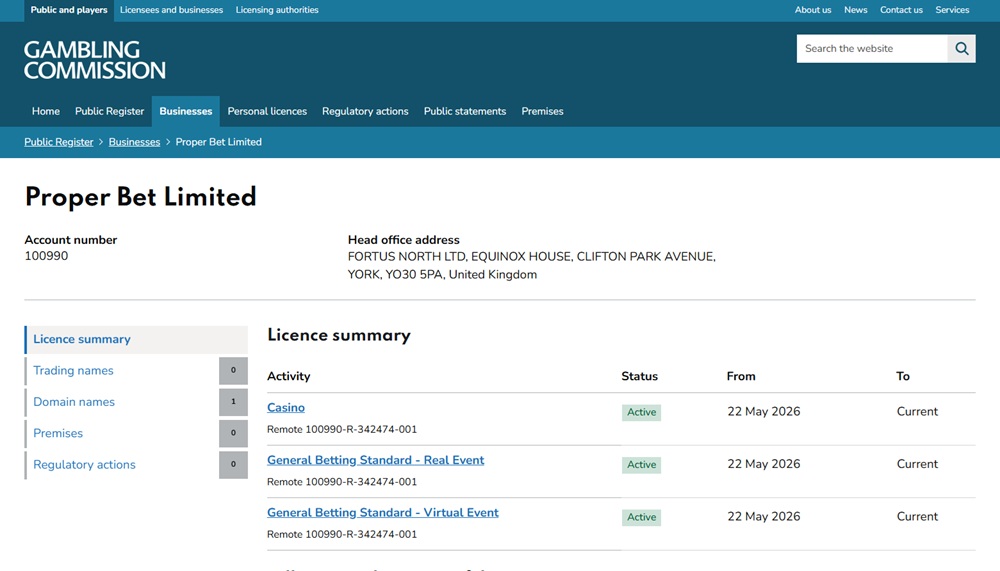 UK Gambling Commission register entry for Proper Bet Limited account 100990 listing one domain