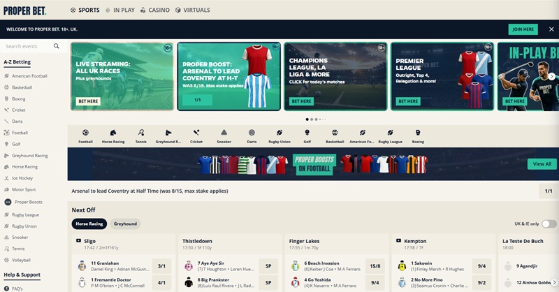 Proper Bet homepage showing sports menu and Proper Rewards banner