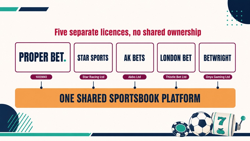 Diagram of five separately licensed UK bookmakers including Proper Bet standing on one shared platform bar