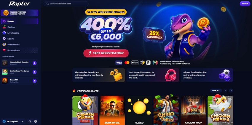 Rapter Casino homepage showing cartoon raptor mascot and 400 percent welcome bonus banner