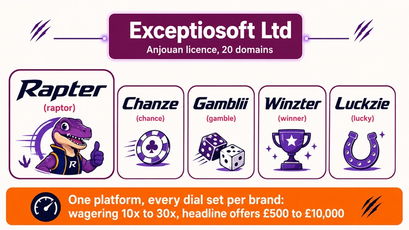 Diagram of the Exceptiosoft licence showing Rapter and its deliberately misspelt sister brand names