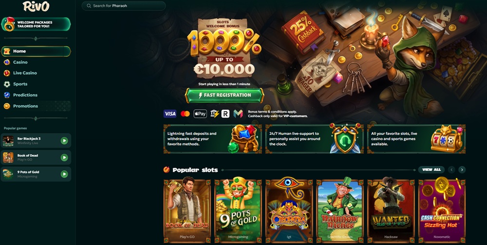 Rivo Casino homepage with hooded fox mascot beside a 1000% up to £10,000 welcome banner carrying a 10x wager tag