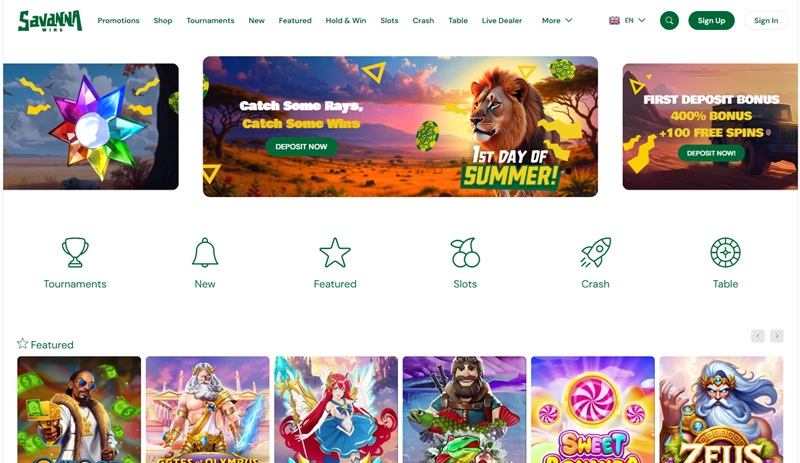 Savanna Wins homepage still displaying the Lava network's shared Catch Some Rays summer banner