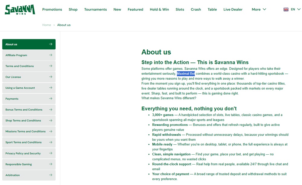 Savanna Wins About Us page describing the casino under the name Maximal Bet