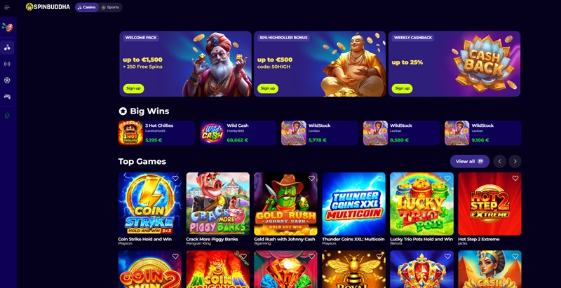 Spinbuddha homepage with bearded sage artwork, welcome pack banner and Big Wins ticker