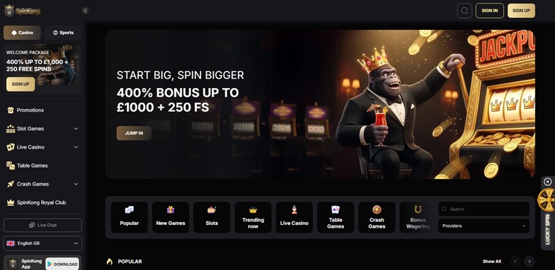 SpinKong homepage showing crowned gorilla mascot and 400 percent welcome bonus in pounds