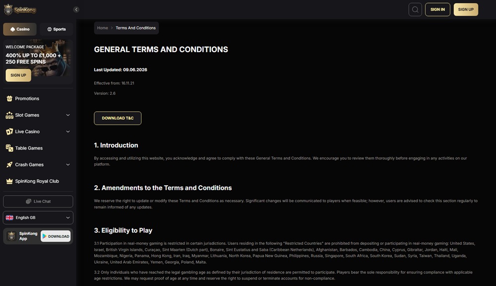 SpinKong terms and conditions restricted countries list with the United Kingdom not included