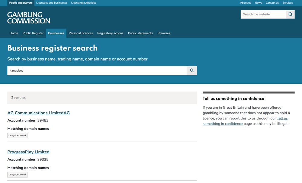 UK Gambling Commission register search showing tangobet.co.uk listed against both AG Communications and ProgressPlay
