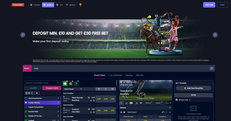 Tangobet homepage showing casino, sports, live and bingo tabs with a UEFA Super Cup betting offer