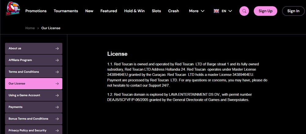 the red toucan licence page naming lava entertainment under an unverifiable master licence