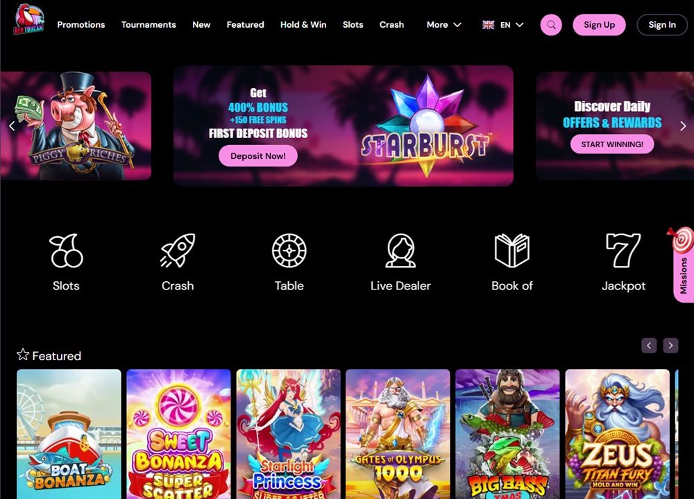 the red toucan casino homepage showing the toucan logo and welcome banner