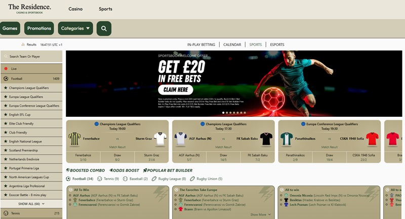 The Residence Casino homepage opening on a live sportsbook odds board with a £20 free bets welcome banner