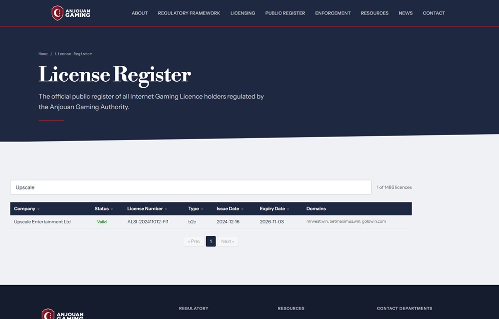 Anjouan register entry for Upscale Entertainment Ltd showing goldwin.com and its two sister domains