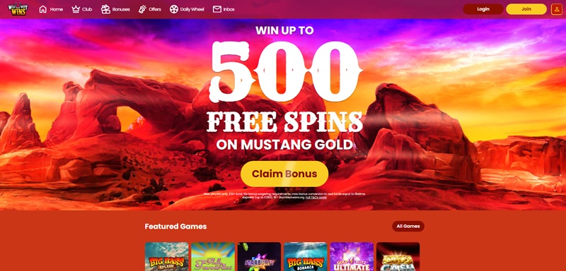 Wild West Wins homepage showing the up to 500 free spins on Mustang Gold welcome banner
