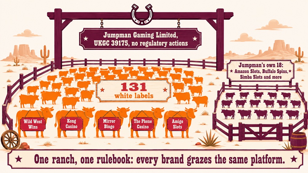 Ranch diagram showing Jumpman's 18 own brands and 131 white labels including Wild West Wins
