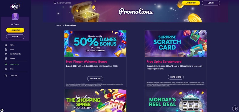 Wink Slots promotions page showing every offer paying as games bonus at 10x wagering