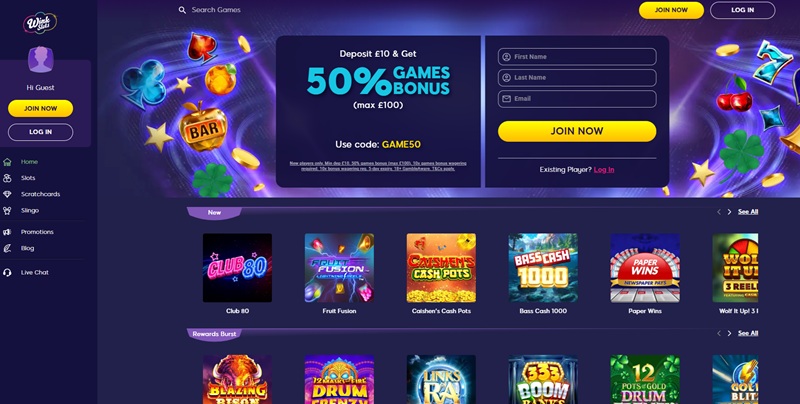 Wink Slots homepage showing purple theme, GAME50 welcome banner and game rows