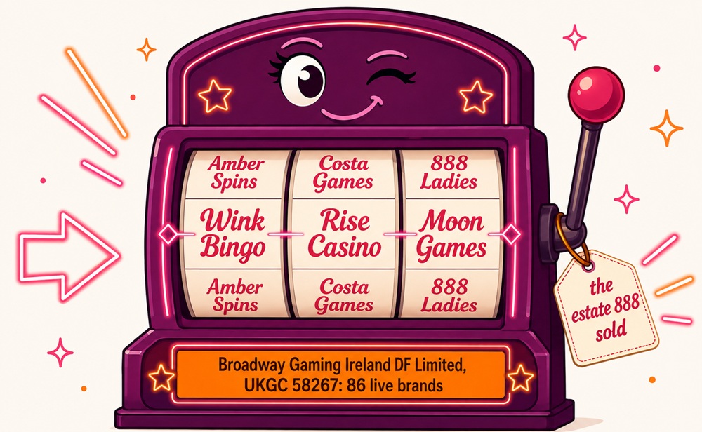 Slot machine diagram showing Wink Slots family brands as reel symbols on Broadway Gaming's licence