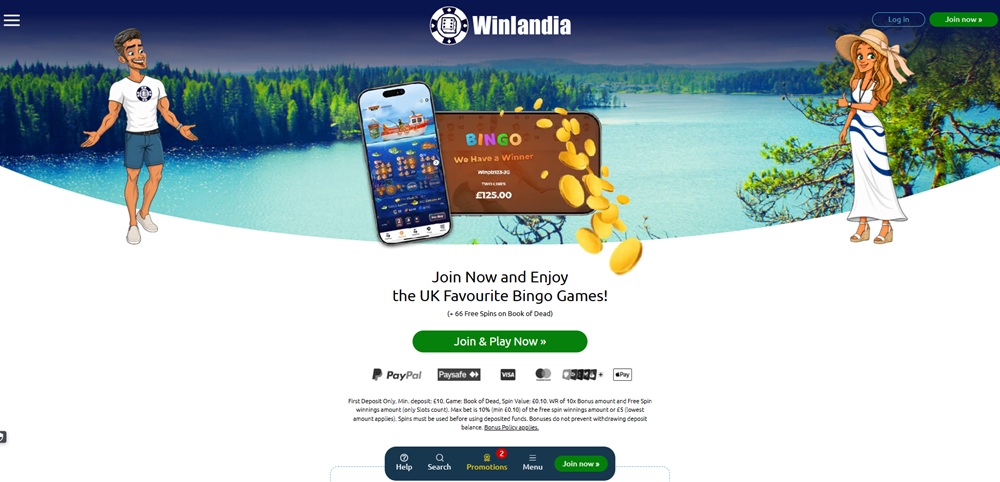 Winlandia homepage showing Finnish lake scenery and 66 free spins welcome offer with printed 10x terms