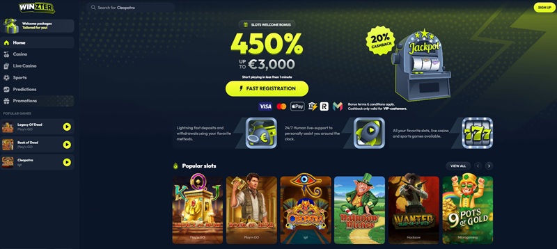 Winzter Casino homepage showing green lightning styling and 450 percent welcome bonus