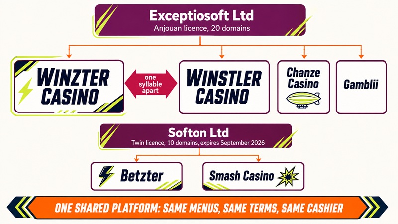 Diagram showing Winzter Casino and Winstler Casino side by side on the Exceptiosoft licence above the shared platform bar
