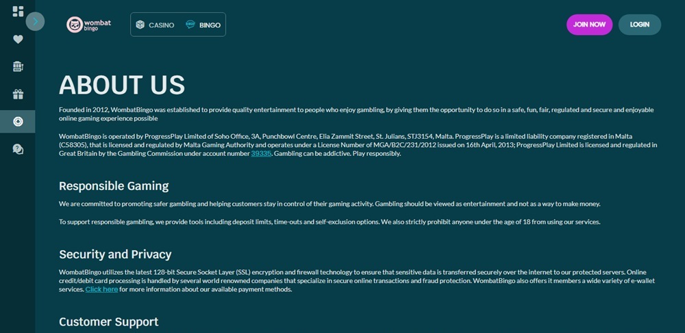 Wombat Bingo's About Us page claiming a 2012 founding date, four years before its older twin's