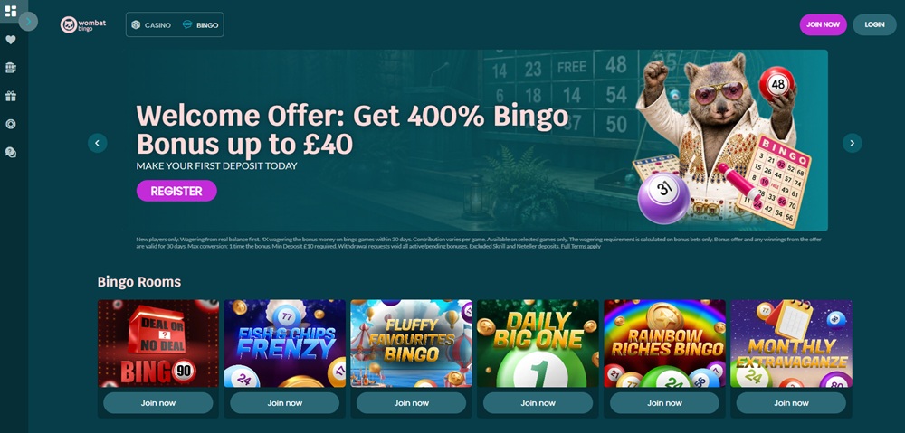 Wombat Bingo homepage with a wombat mascot in an Elvis suit beside the 400% bingo bonus welcome banner