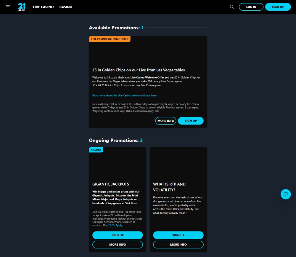 21couk promotions page with jackpot copy naming slot boss