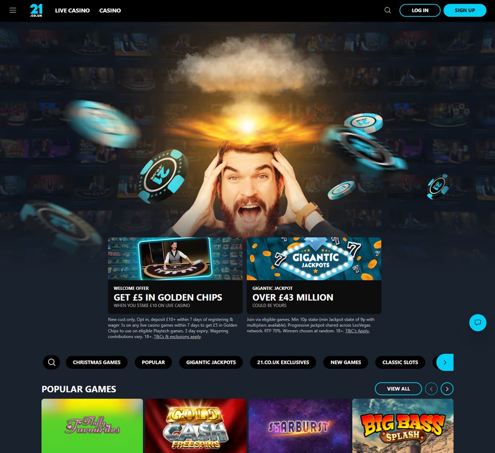 21couk homepage with golden chips welcome offer and gigantic jackpot