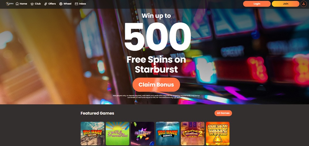 24spin casino homepage showing the up to 500 free spins welcome banner