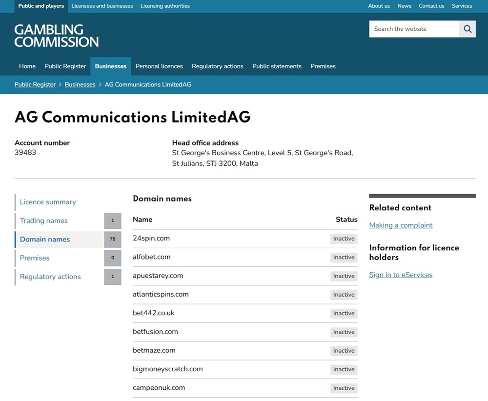 gambling commission register entry for ag communications showing 24spin.com inactive