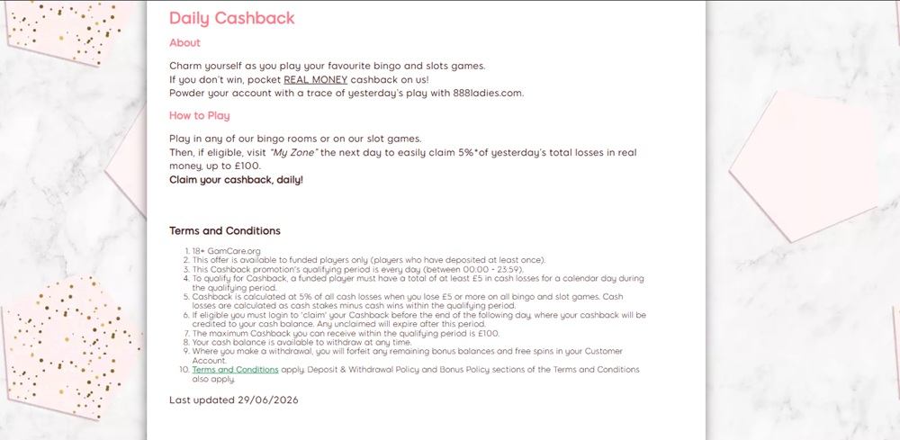 888 ladies daily cashback page showing cashback credited to the cash balance