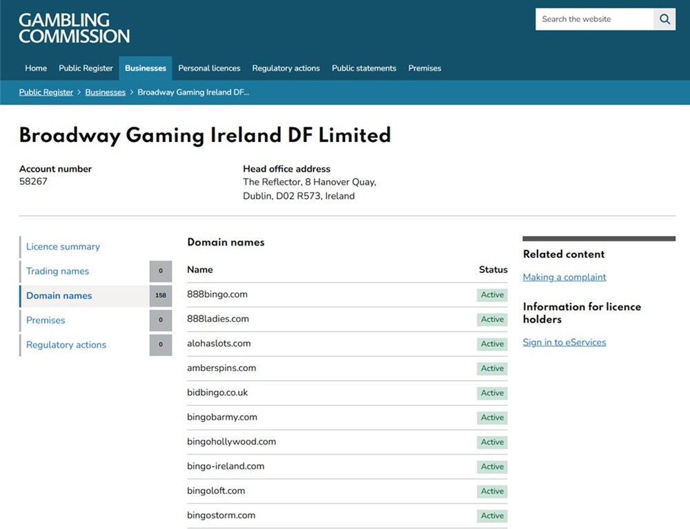 gambling commission register entry for broadway gaming ireland df limited account 58267
