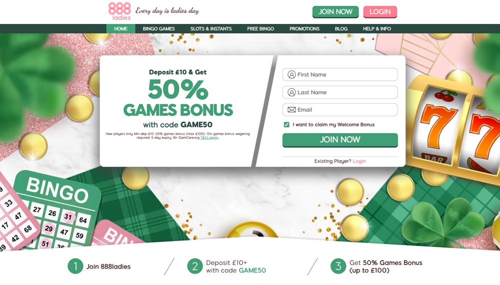 888 ladies homepage showing the every day is ladies day tagline and 50 percent games bonus offer