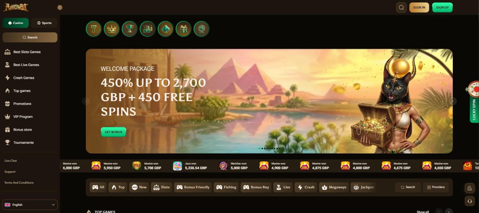 amunbet homepage with an egyptian cat goddess and a treasure chest