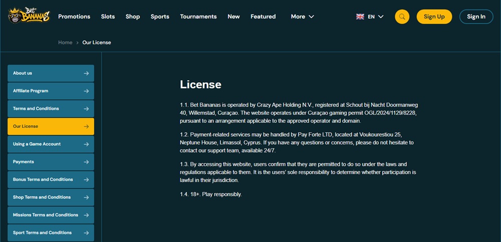 bet bananas licence page naming crazy ape holding and a curacao permit
