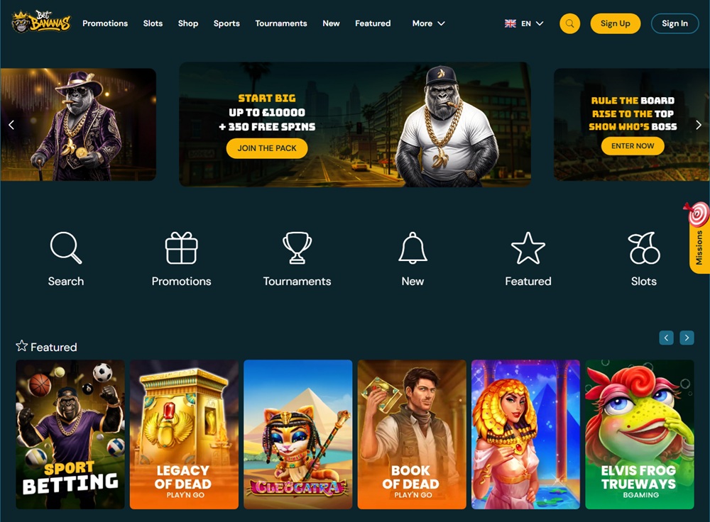 bet bananas homepage with gorilla mascot in gold chains