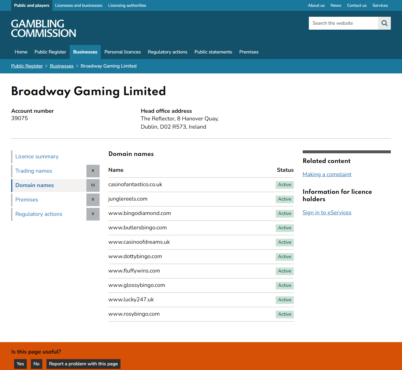 gambling commission register listing bingo diamond under broadway gaming limited