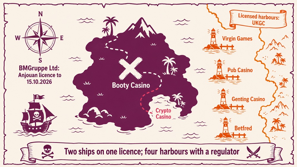 treasure map diagram of booty casino, its sister site crypto casino and four uk licensed alternatives
