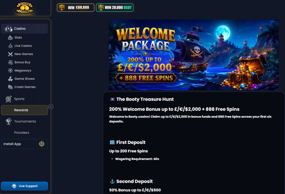 booty casino welcome package showing six deposit stages with wagering from 40x down to 30x