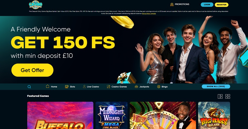 casino and friends homepage showing the group of friends beside the 150 free spins welcome offer