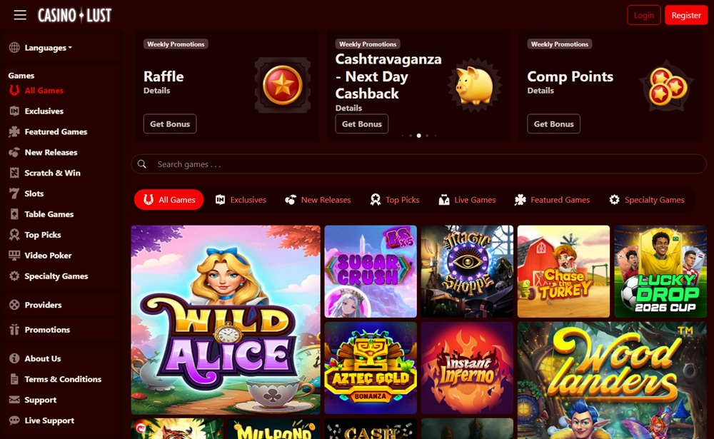 casino lust homepage showing promotions and games