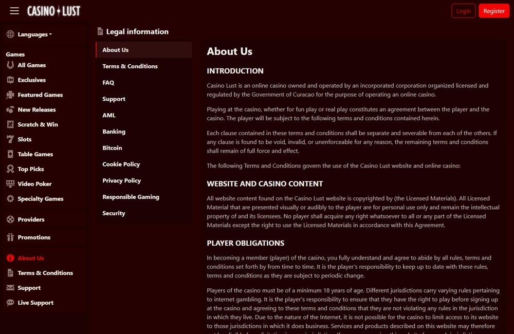 casino lust about page with the operator's name left blank