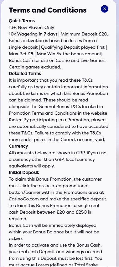 casinogo welcome bonus terms showing bonus activation based on losses