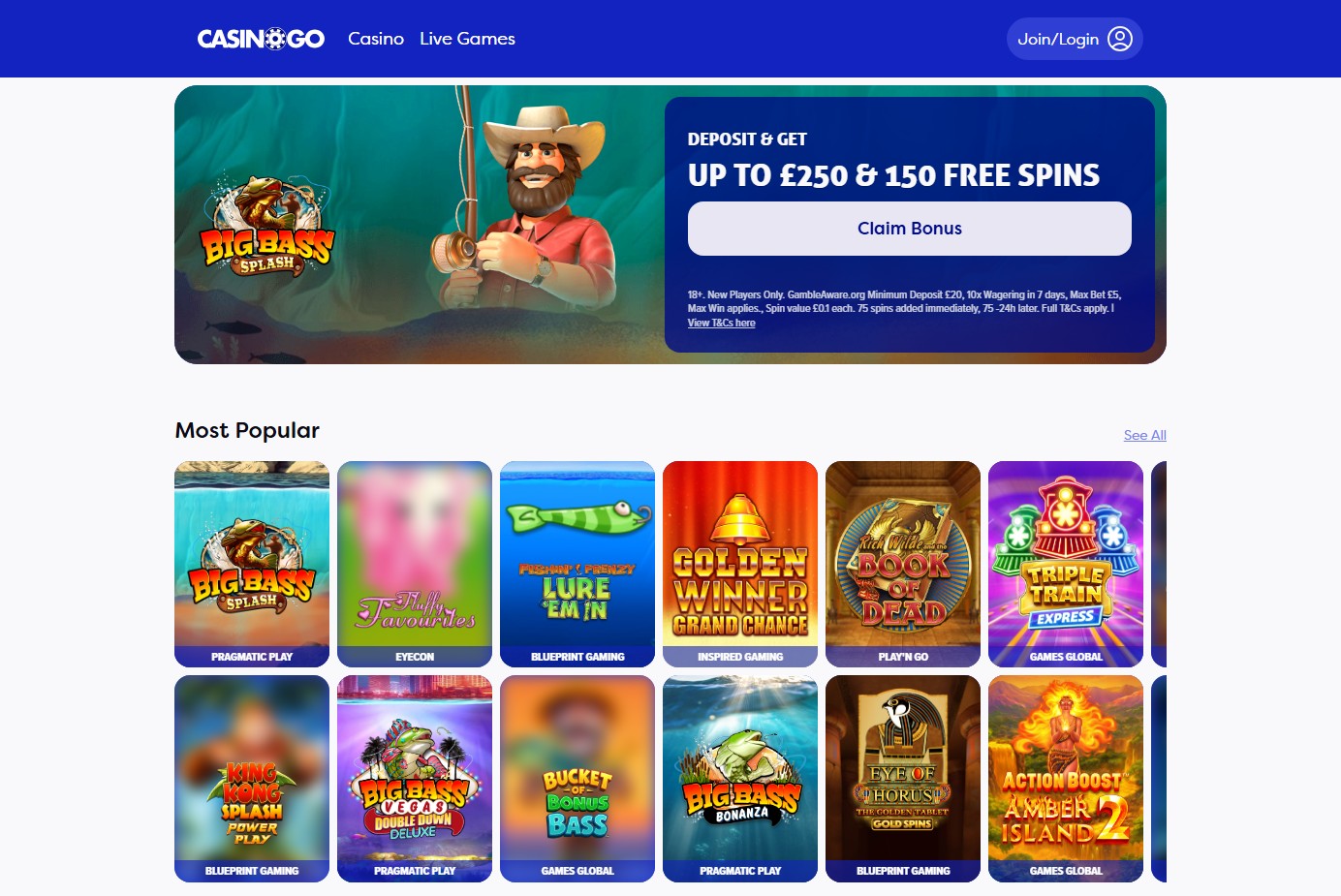 casinogo homepage with the welcome offer banner and most popular slots