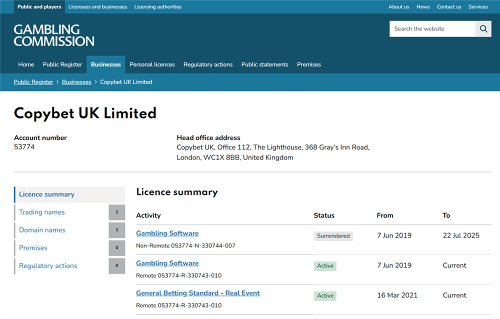 gambling commission register entry for copybet uk limited account 53774