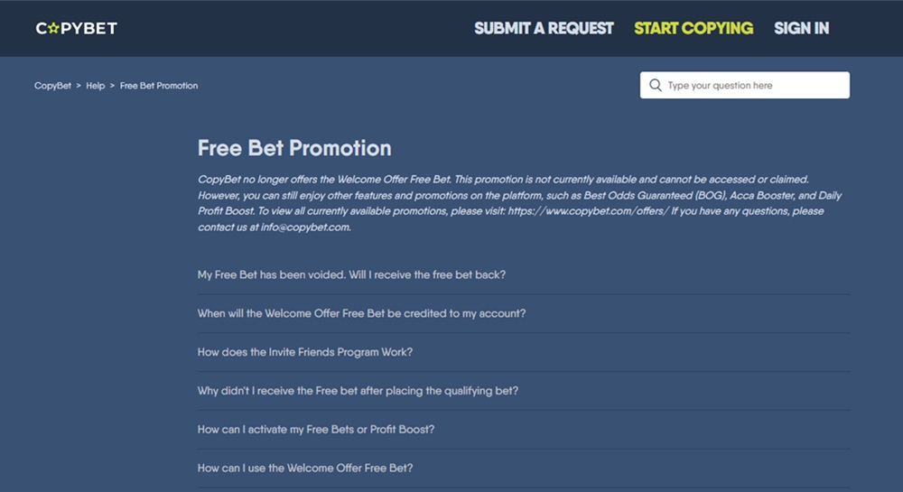 copybet help centre stating the welcome offer free bet is no longer available
